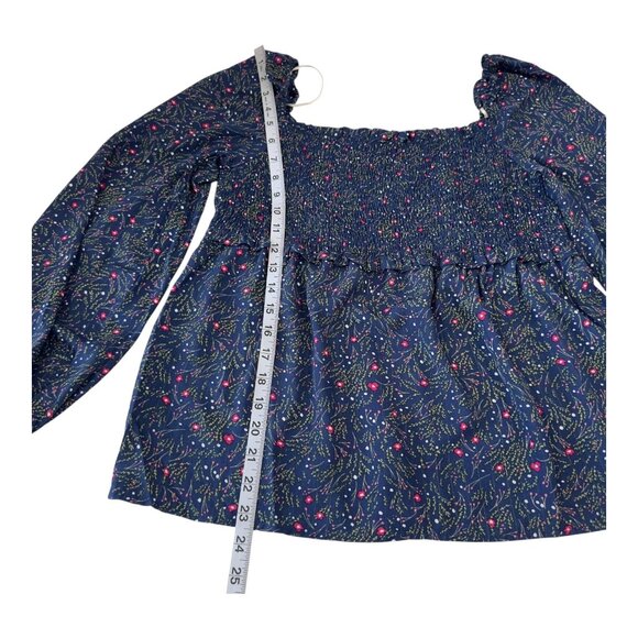 Umgee Womens Floral Print Smocked Front Peasant Top Blouse Navy & Pink SZ M - Picture 4 of 9